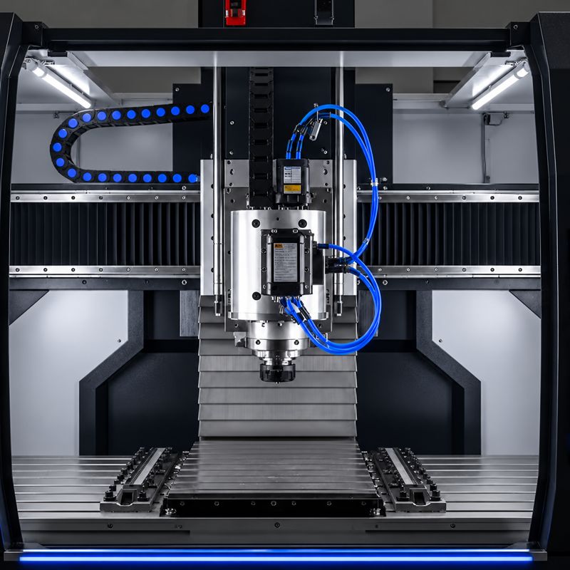 CNC machining centre with blue-lit enclosure at D2Z Engineering