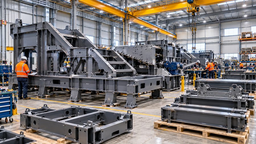 Large steel machine frames in a manufacturing workshop