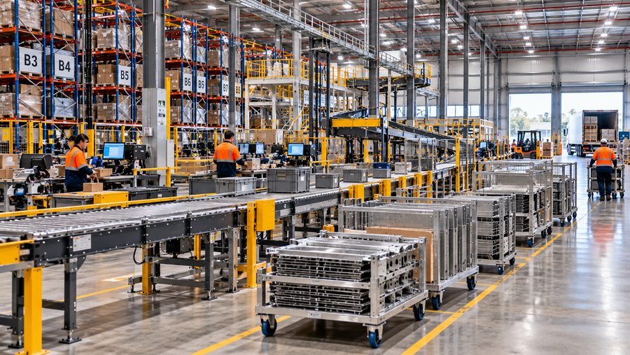 Warehouse conveyors, trolleys and racking